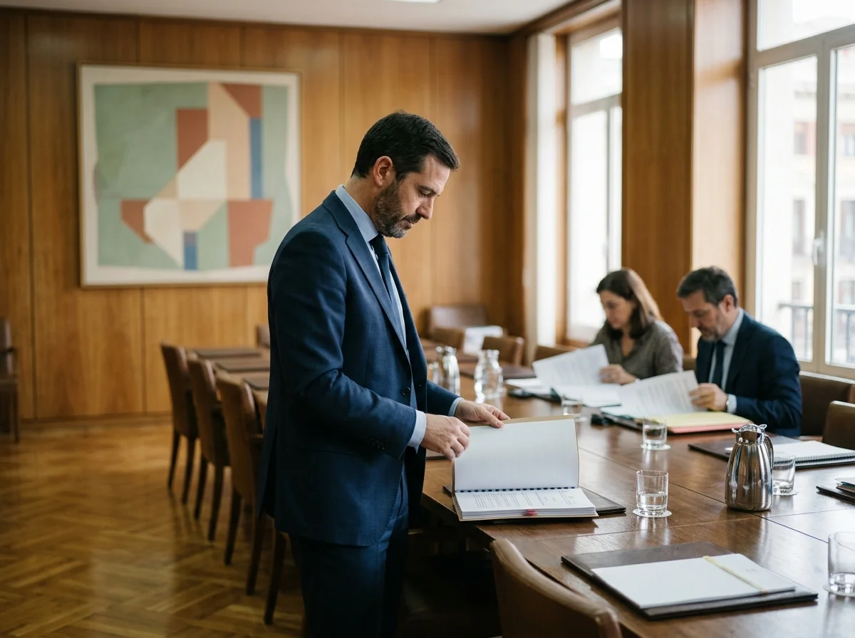 Funcionario examinando un dossier impreso sobre una mesa larga en una sala de reuniones ministerial con luz natural lateral.