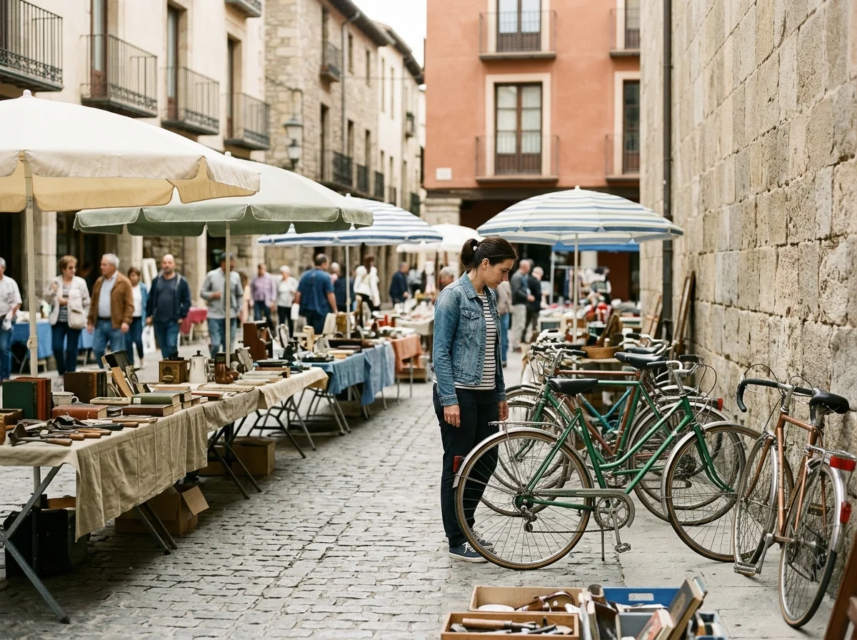 Mujer examinando una bicicleta de segunda mano apoyada contra un muro en un mercadillo dominical en una plaza española.