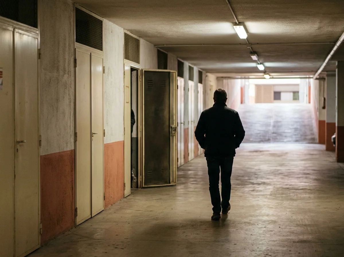 Figura caminando de espaldas hacia la rampa de salida en un garaje subterráneo residencial, con una hilera de puertas de trastero en el muro.