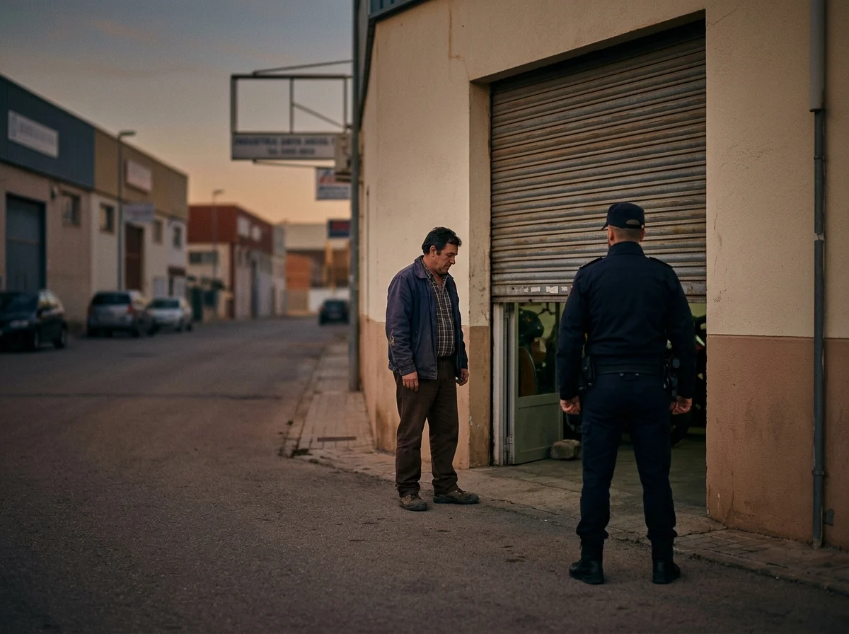 Hombre frente a una persiana metálica medio bajada de un taller, junto a un agente de uniforme genérico de espaldas.
