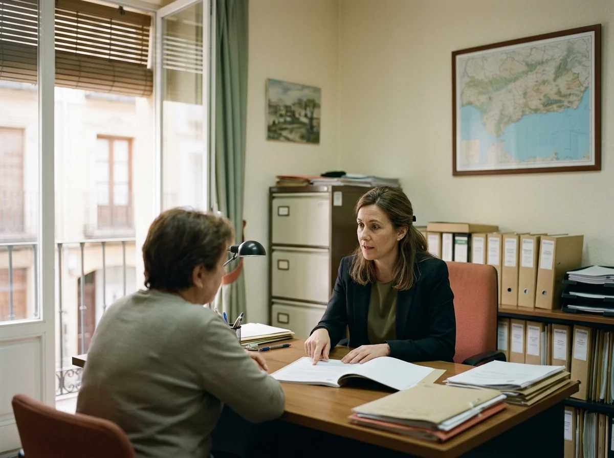 Abogada conversando con su cliente en el despacho de un bufete con archivadores y un mapa al fondo.