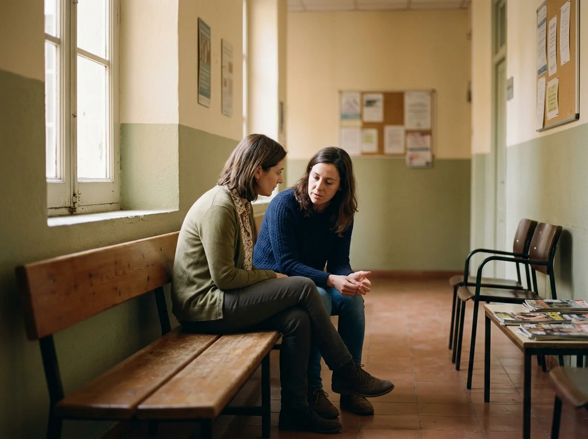Dos mujeres adultas conversan sentadas en la sala de espera de un centro de atención.