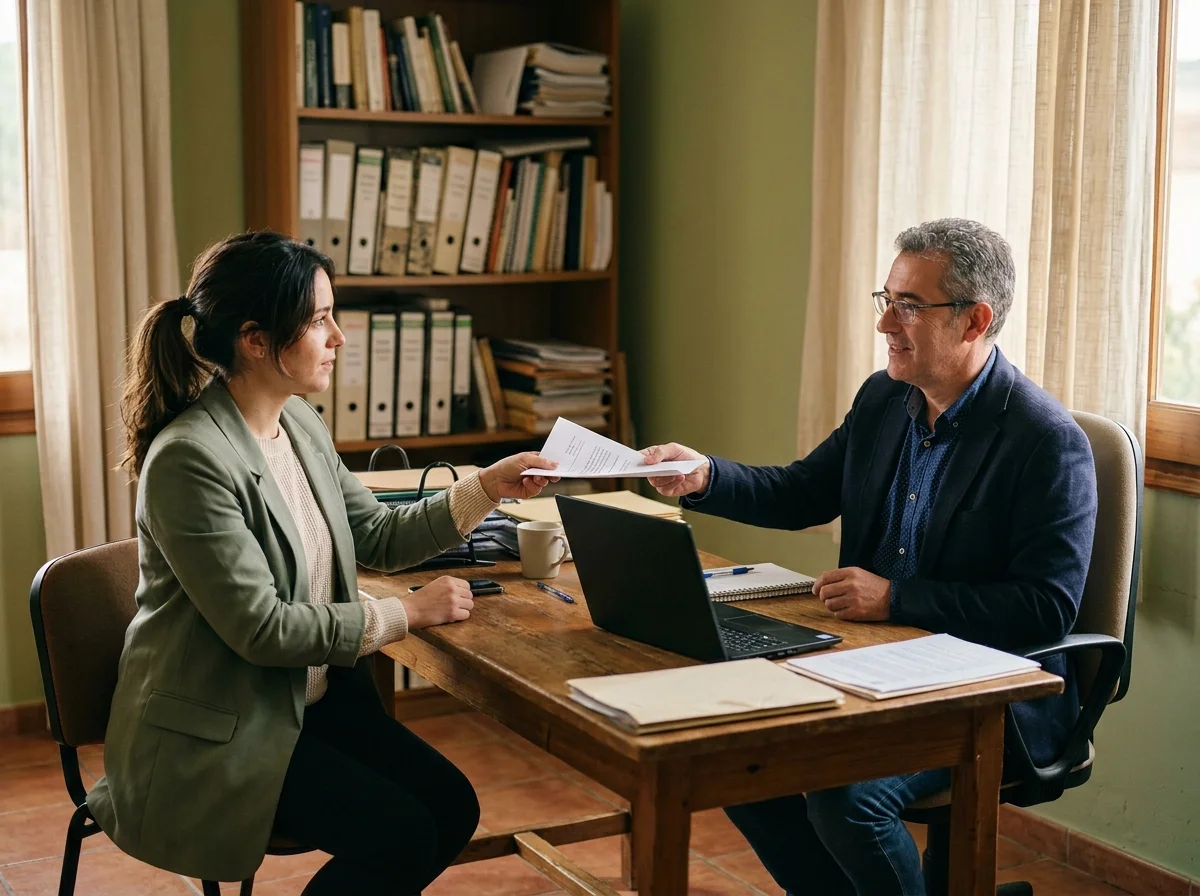 Trabajadora entrega un documento a su responsable en una oficina con un ordenador portátil sobre la mesa.
